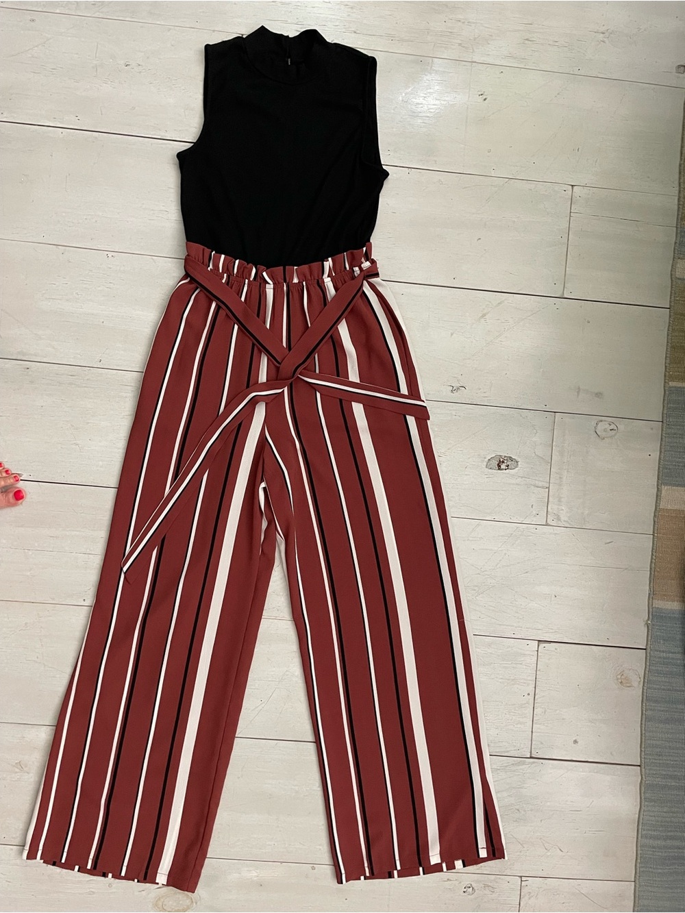 Lily Rose Rust White Stripe Jumpsuit Wide Leg Rib Knit Top Keyhole Back Tie Sz M